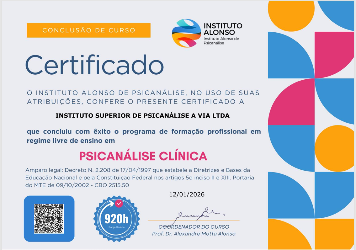 Certificado Instituto Alonso de Psicanálise